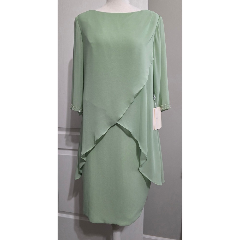 Lanting Bride Women Sage Green Chiffon Tiered Dress Beaded Cuffs Sz S MOB MOG